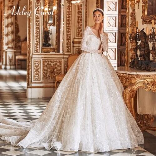 Ashley Carol Ball Gown Wedding Dress 2021 Long Sleeve V-Neck Bride Shining Sequined Chapel Train Button Princess Bridal Gowns