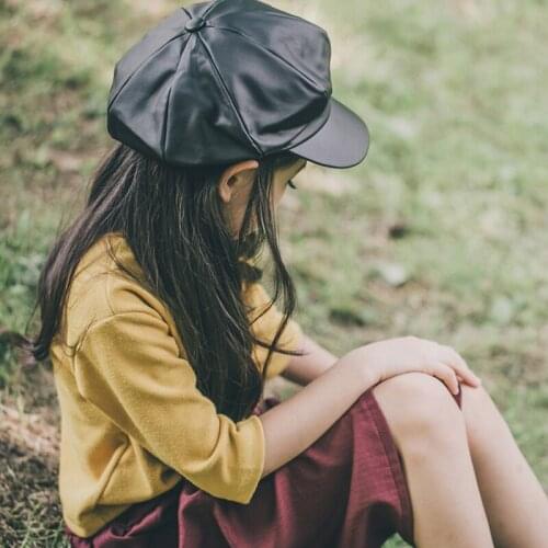 Plain Leather Beret Caps Baby Boys Girls Vintage Artist Painter Octagonal Newsboy Caps Solid Autumn Winter Hats Black Red