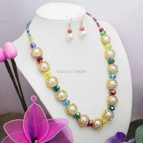 Shining Accessories Chain Glass Crystal Beads Necklaces&Earrings Sets Women Girls Christmas Gifts 18inch DIY Jewelry Making ball
