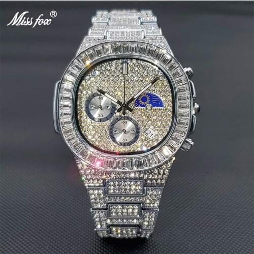 MISSFOX montre luxe homme Ice Out Diamond Three Dial Mens Chronograph Watch Moon Phase Quartz Wristwatch Dropshipping