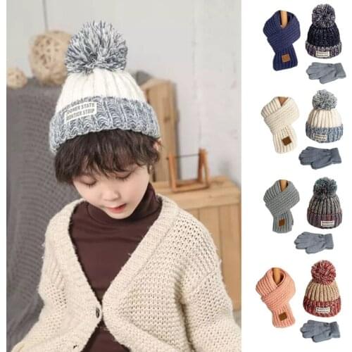 Children Kids Winter 3Pcs Cable Knit Beanie Hat Circle Scarf Set Cute Pompom Contrast Colo Cap Ski Neck Warmer 4-12 Years Old