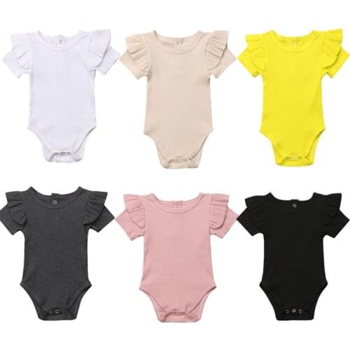 Newborn Infant Kids Baby Girls Boys Short Sleeve Bodysuits Ruffles Sleeve Solid Cotton Jumpsuits 6 Colors Outfit 0-24M