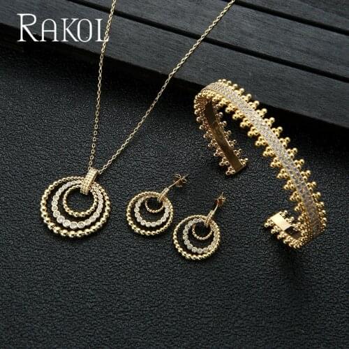 RAKOL Africa Round Zirconia Necklace Earrings Ring Sets for Women Gold Color Dubai Nigeria CZ Crystal Bridal Wedding Jewelry