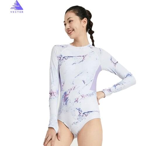 VECTOR Long Sleeve Rash Guards Womens Swimsuit Print Zipper One Piece Swimwear Sports Surfing Swimming Bathing Suit Beach White