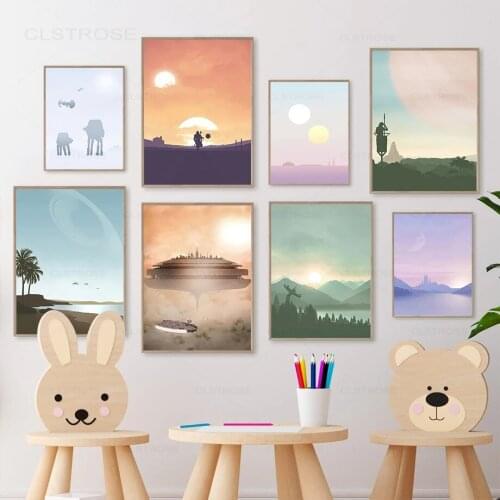 Cartoon Travel Landscape Poster Sun Mountain Forest Sea Seascape Canvas Painting Nordic Wall Pictures for Living Room Decoration