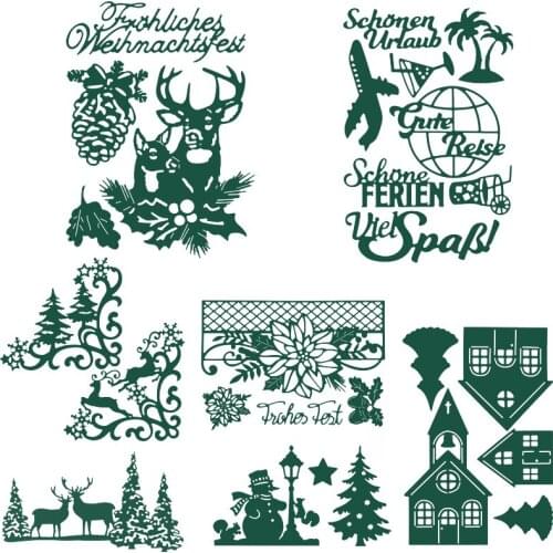 Metal Cutting Dies Set Christmas Trees Holly Ornament Snowman Elk Border Cottage Air travel Viel Spa German Words DIY Craft