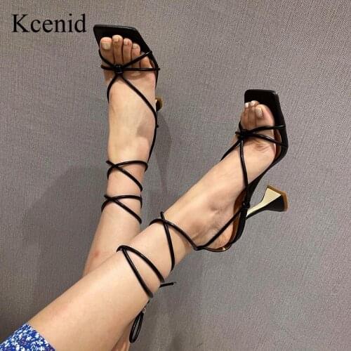 Kcenid 2021 Summer New Women Gladiator Sandals Open Toe Lace-Up Cross Strappy Sandals High Heels Fashion Sexy Shoes Black White