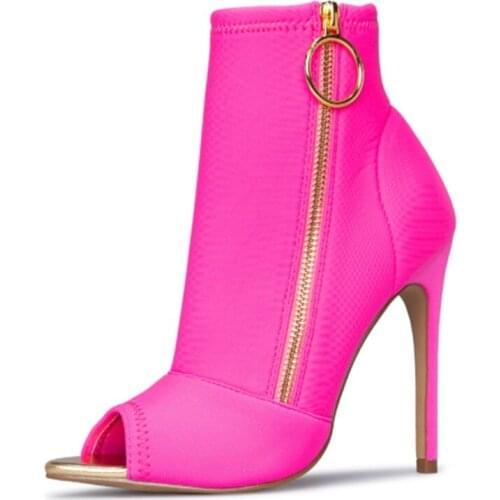 New Fashion Gold Round Ring Decorated Gladiator Ankle Boots Sexy Open Toe Thin High Heels Woman Elegant Boots Rose Black Shoes