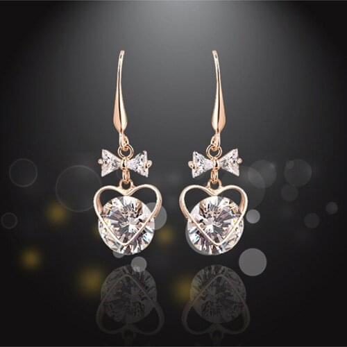 MZC New Pendenties Trendy Bowknot Heart Earring Crystal Charming Earrings for women rose gold Long Rhinestone Drop Earings X1342