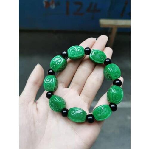 Natural Myanmar green jade bracelets handcarved flower beads bracelet jadeite women men prayer emerald Jade bangles
