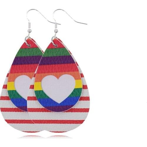 Hot Sale Double Layer Love Heart Printed Leather Teardrop Earrings Rainbow Hollow Striped Valentines Day Leaf Earrings