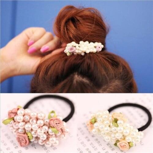 Pearl Flower Beaded Hair Ties Scrunchies Crystal Elastic Hairband Ponytail Holders Women Hair Rope Rubber Gum Hair Accessories