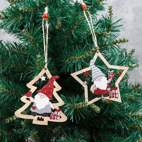 Christmas Decorations Hollow Painted Wooden Pendant Santa Claus Star Tree Christmas Tree Ornaments Small Pendant