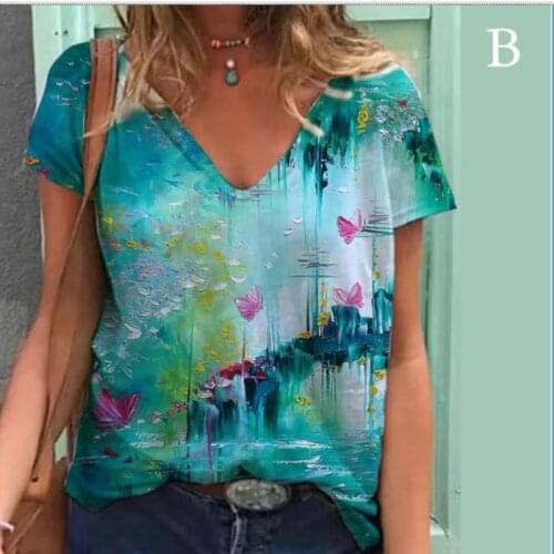 S-5XL Summer Tops Women Loose Flower T Shirt Office Ladies Retro Print T Shirts Casual Beach V Neck Top Oversized Camisas Mujer