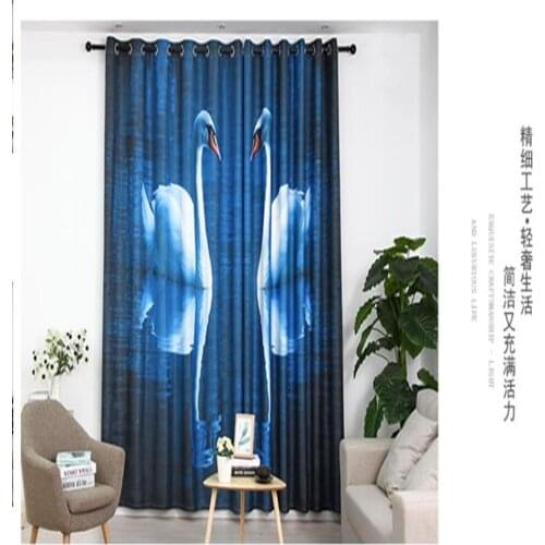 Blue curtains blackout curtains bay window French window custom personality swan blackout curtains