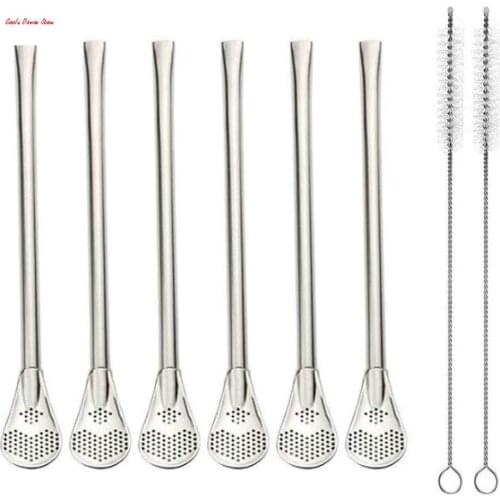 Yerba Mate Tea Bombilla Drinking Straws with Filter Spoon 6 Pcs And 2 Pcs Cleaning Brushes Set,Reusable Stainless Steel Straws