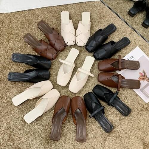 Shoes Loafers Womans Slippers Luxury Slides Low Square Toe Mules For Women 2020 New Designer Summer Cover Flat Buckle Strap