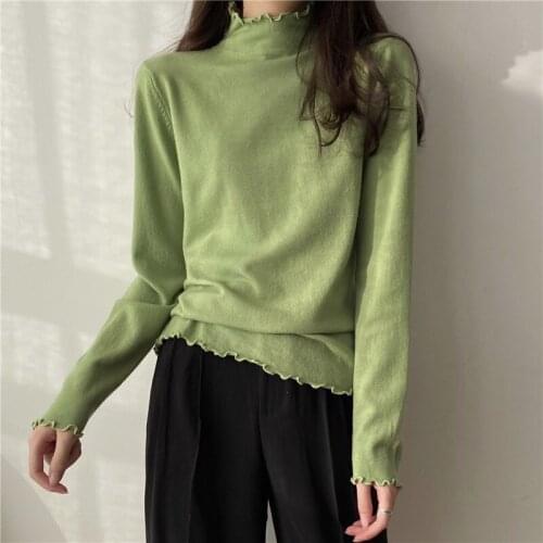 Spring and autumn wood ears half high neck black bottoming knitted long-sleeved T-shirt women