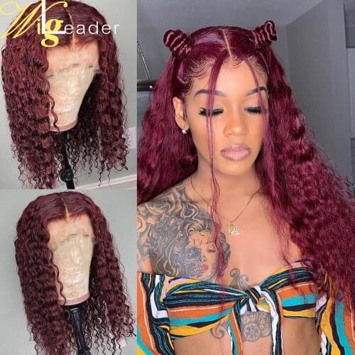 Wigleader Red Curly Human Hair Glueless Lace Front Wigs Preplucked 13x6 Lace Frontal Wigs Deep Red 99j Hair Wigs With Baby Hair