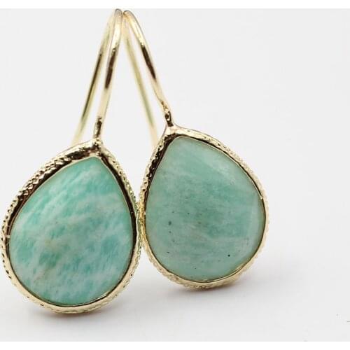 GuaiGuai Jewelry Natural Green Amazonites 14K Gold Color Plated Dangle Hook Real Stone Earrings Cute For Women Girl Gift