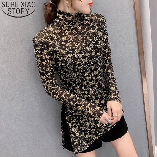 Fashion Print Blouse Women Autumn Bottoming Shirt Turtleneck 2021 Vintage Long Sleeve Floral Blouses Irregular Split Shirt 12773