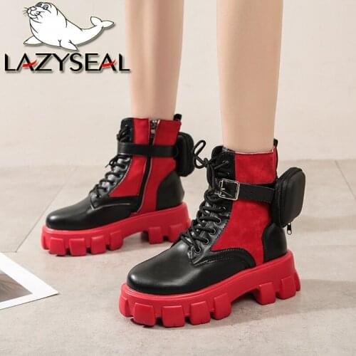 LazySeal Women Pockets Boots Mixed Color Leather Shoes Lace Up Zipper Luxury Design 5.5CM High Platform Heel Booties Big Size 43