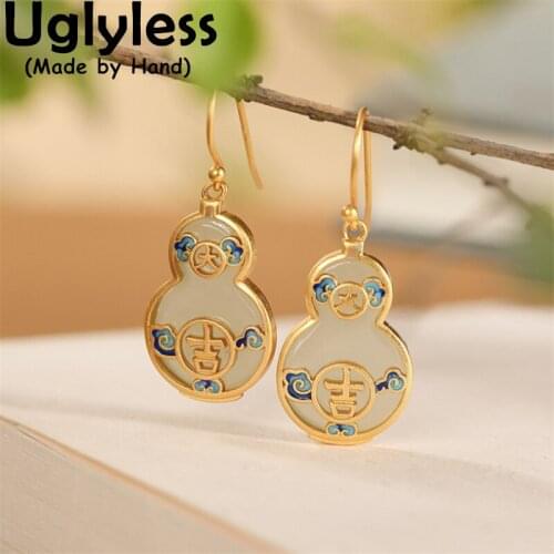 Uglyless China Chic Hotan Jade Gourds Jewelry Sets for Women Gemstones Earrings Necklaces Lucky Characters Ethnic Jewel NO Chain