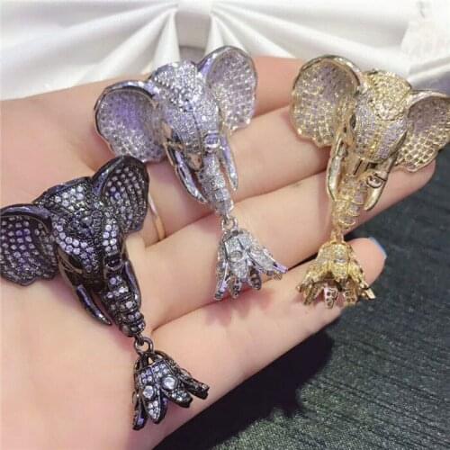 Womens 32x50mm golden plated cubic zircon Micro Pave elephant pendant tassel