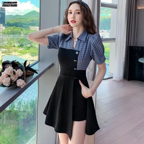 2021 Femme Birthday Outfits Ladies Vintage Clothing Button Slit Black Womens Party One-Piece Plaid Short Shirt Dress