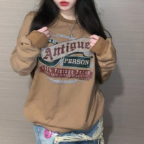Dark Khaki Retro American Letter Printed Sweatshirt Vintage Winter Clothes Women Oversized Streetwear Cool Girl Harajuku Fashion