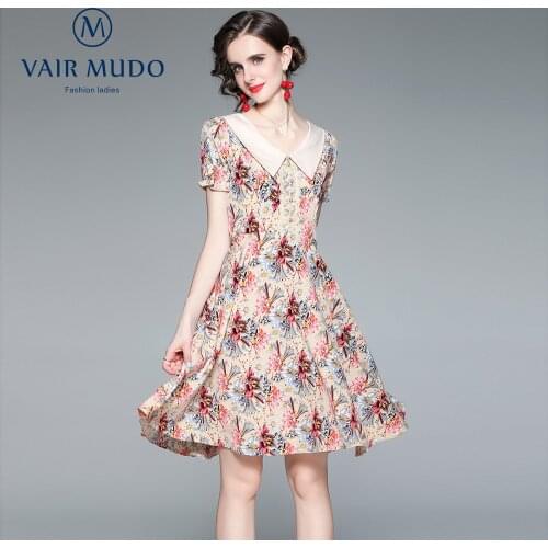 Summer 2021 New V-shaped Doll Collar Fashion Print Dress Western Style Waist Was Thin A-line Skirt Sweet Female New Printi Y-135