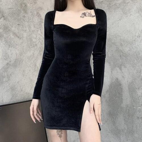 Vintage Punk Gothic Dresses Women Harajuku Elegant Autumn 2019 Bandage Puff Sleeve Aesthetic Dress Pleated
