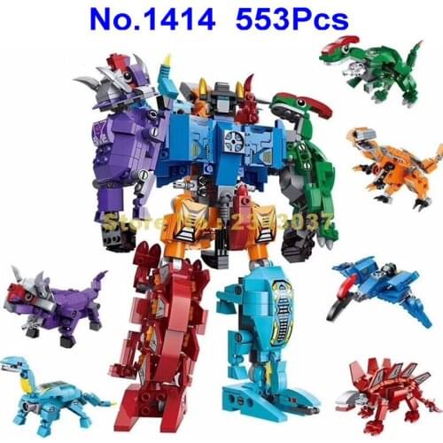 1414 553pcs 6in1 Dinosaur Mech Deformation Urban Guard Robot Enlighten Educational Building Block Toy