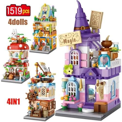 4 IN 1 Mini City Street View Mushroom House Building Blocks Friends DIY Magic Castle Figures Bricks Toys For Kids Gifts