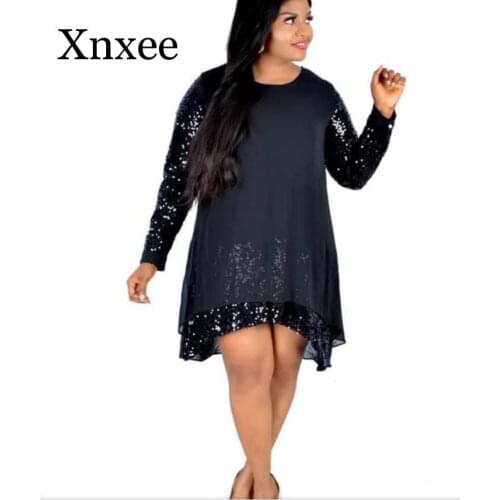 African Clothes Sequined Mesh Loose Dress Women Elegant Solid O-Neck Knee Length Dress Plus Size Party club long sleeve summer