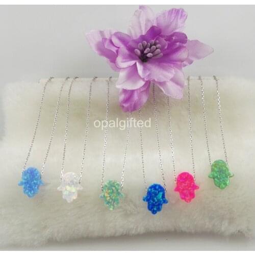 Free Shipping MOQ=1pc 11*13mm Mixd Colors Synthetic Opal Hamsa Necklace 925 Sterling Silver O chain Fatima Hand for Gift & Party