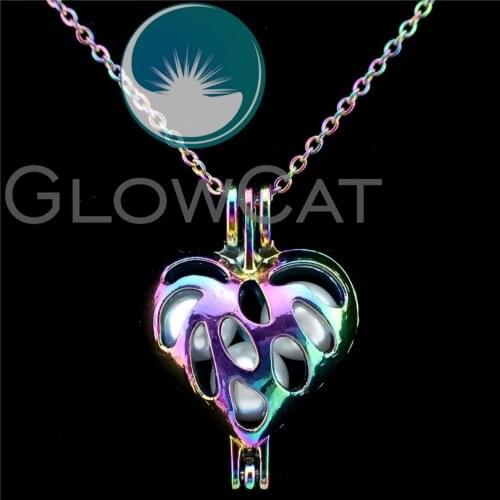 C334 Rainbow Colors Hole Heart Beads Cage Pendant Essential Oil Diffuser Aromatherapy Stone Pearl Cage Locket Necklace
