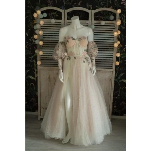 Long Champagne Lace Embroidery Prom Dresses 2021 Long Puffy Sleeves Sweetheart Pearls Formal Evening Party Dress