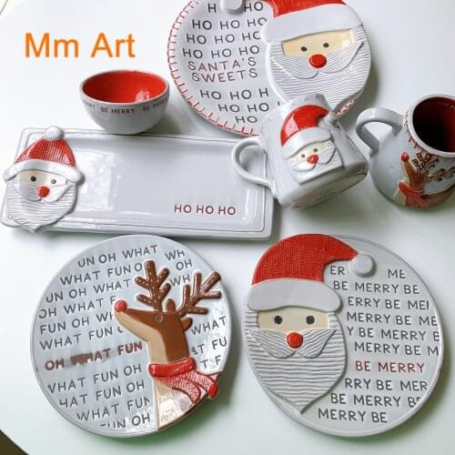 Dolomite Christmas Ceramic Tableware Three-Dimensional Relief Santa Claus Plate Mug