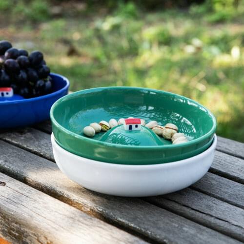 Household Tableware Ceramic Fruit Salad Bowls Utensils for Kitchen Plates Soup Dessert Snack Ramen Bowl with Red House White