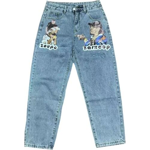 New Summer Jeans Women Trousers Female Hip Hop Style Loose High Waist Wide Leg Pants Print Vintage Washed Straight Cowboy Cotton