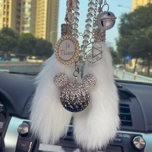 Luxury Diamond Rhinestone Cartoon Mickey Head Car Ornaments Crystal Tassels Pendant Mink Fur Car Mirror Hanging Decoration Women