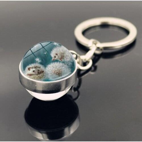 1pc Cute Hedgehog Keychain Pendant Cabochon Time Jewel Glass Ball Metal Keychain Animation Cartoon Keyring Jewelry Accessories
