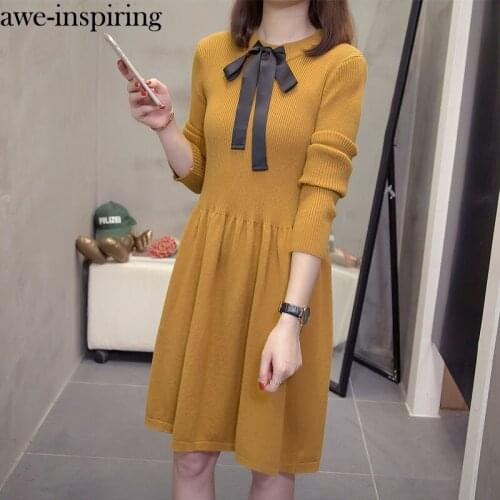 Harajuku Kawaii Basic Mini Dress Women Lace-up Bowtie Long Sleeve Knitted Dress Korean Style Black Ladies Dresses Autumn Winter