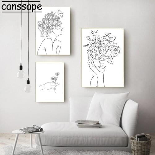 Minimalist Canvas Painting Line Girl Poster Leaves Posters Black And White Art Prints Nordic Wall Pictures For Living Room Decor