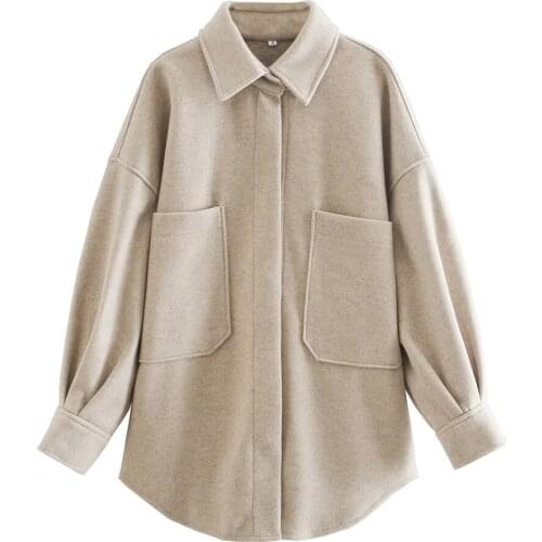 Autumn women Pocket Loose Casual Woolen Shirt Lady Dark buckle Long Sleeve Thick Blouse Coat Female lapel midi cardigan Outwear