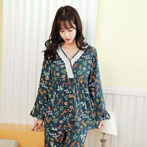 Large Size 5XL 6XL 7XL Women Floral Pajamas Set Sexy Lace 2PCS Sleepwear Long Sleeve Shirt&Pants Femme Pijamas Suit Loungewear