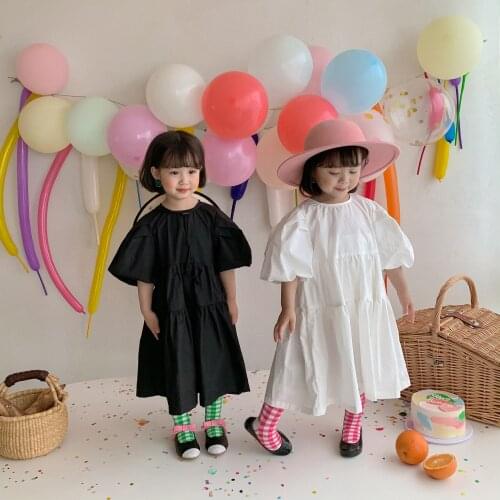 Girls' Dress 2021 Summer New Cute Simple Retro Crew Neck Cotton Solid Casual Korean Princess Dress Children Court Style Dress