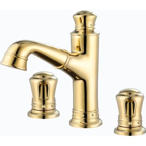 Luxury gold brass bathroom sink faucet copper Crown design three holes two handle cold hot pull out basin faucet with spray