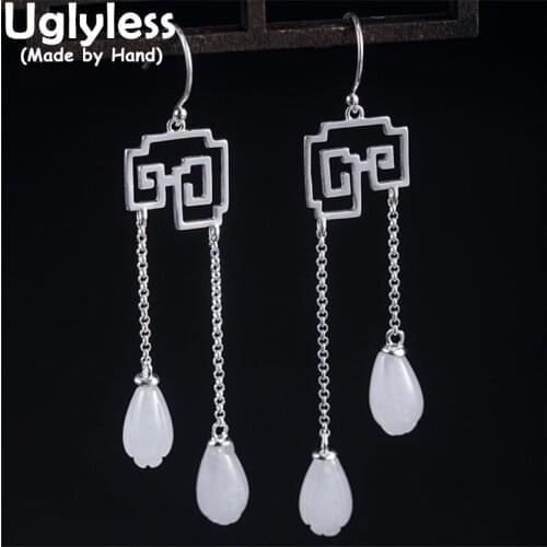 Uglyless Like a Maze Geometric Ethnic Dress Earrings for Women Natural Jade Magnolia Flowers Earrings 925 Silver Elegant Brincos